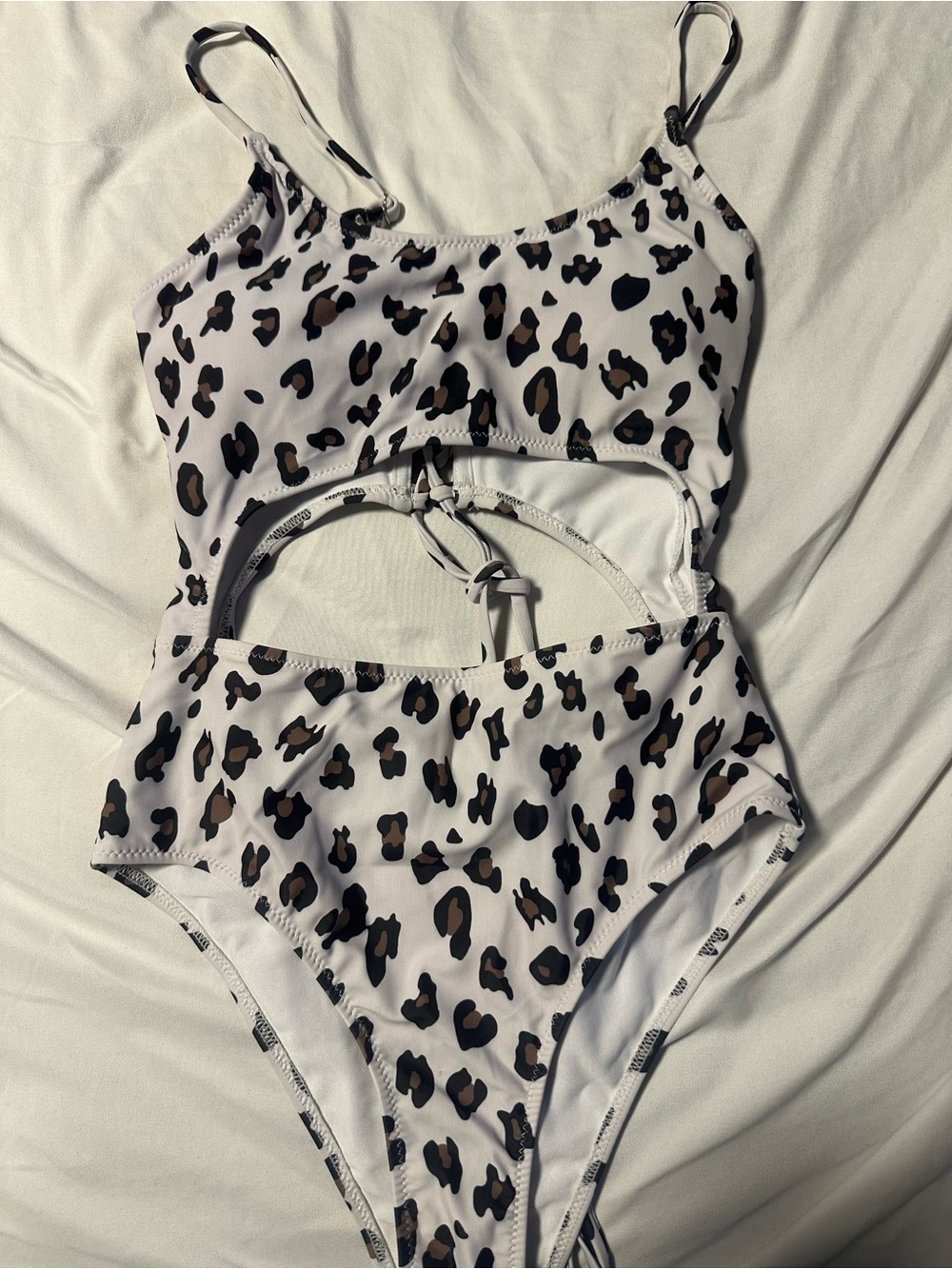 Leopard Cutout One-Piece Swimsuit - White & Brown